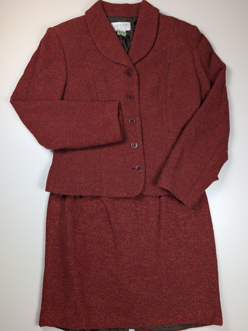 Vintage Petite Sophisticate Sz 8 Red Tweed Wool Blend Skirt Suit 2Pc Career Wear